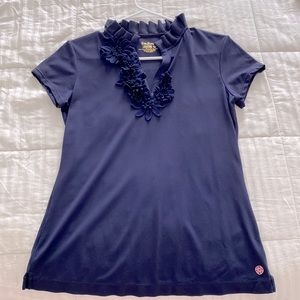 Lilly Pulitzer Navy Blue Flower Ruffle Polo Shirt | Size S